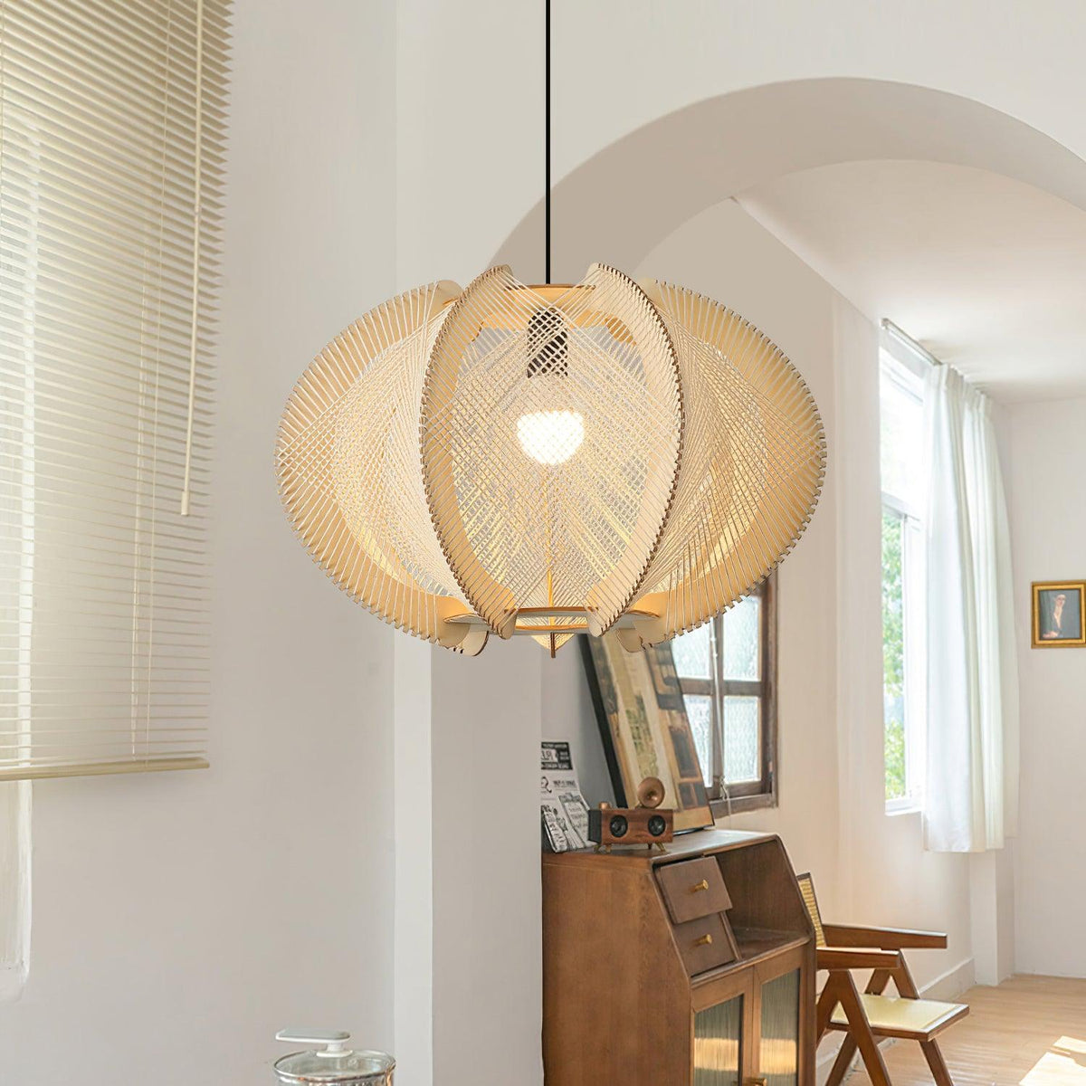 Vanto Pendant Light with Fabric Shade, Wooden Frame, and Wire Detail-Neutral Decor