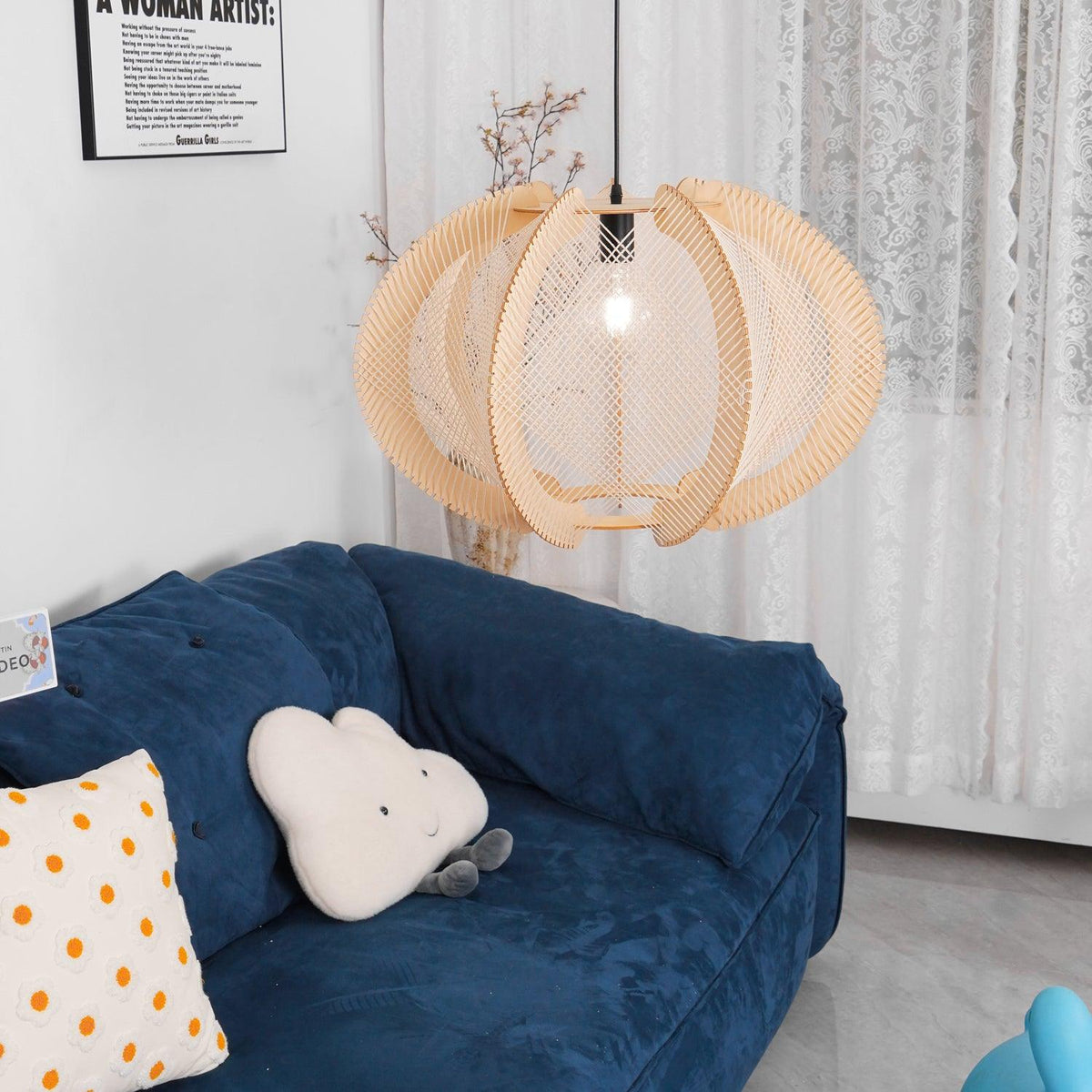 Vanto Pendant Light with Fabric Shade, Wooden Frame, and Wire Detail-Neutral Decor