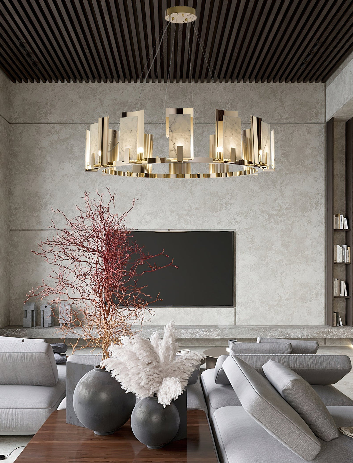 Nyraeila Lustre Métal Albâtre Rond Luxe Postmoderne