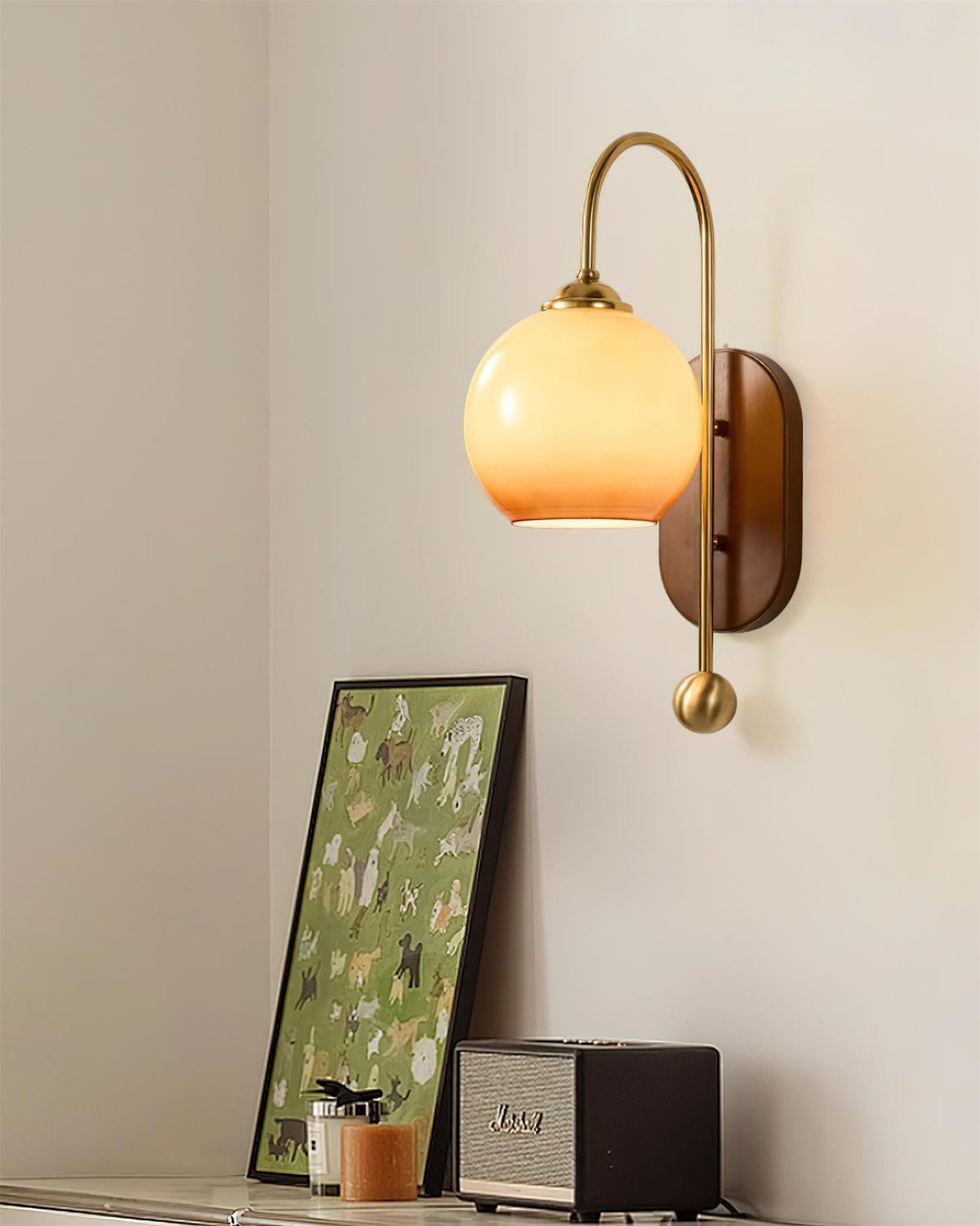 Wall Lamp Metal and Glass Smooth Globe with Wooden Backplate-Neutral Decor