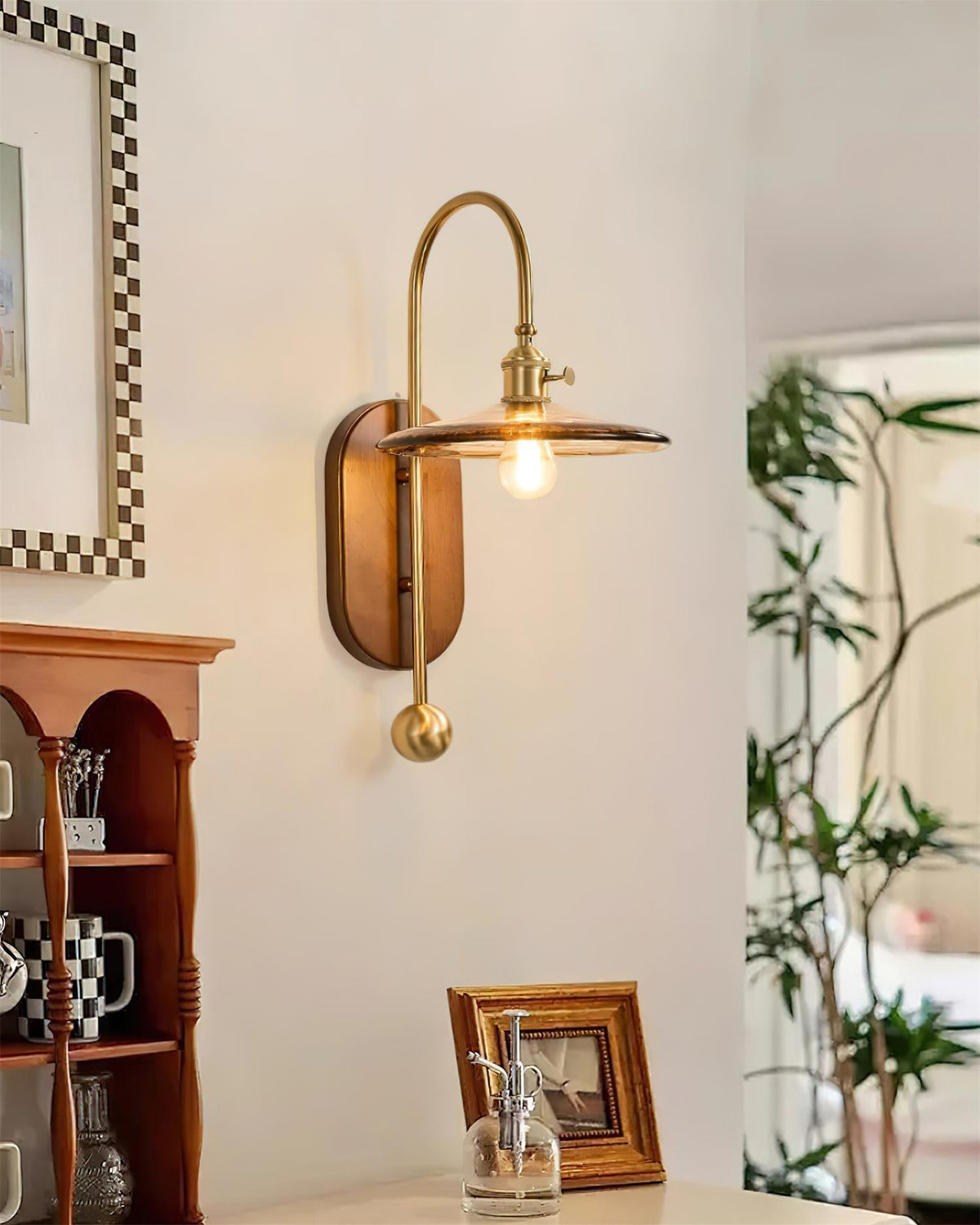 Wall Lamp Metal and Glass Smooth Globe with Wooden Backplate-Neutral Decor