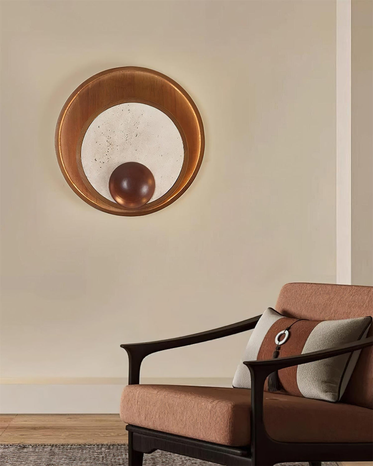 Ritta Wall Lamp Travertine Circular Wooden Frame-Neutral Decor