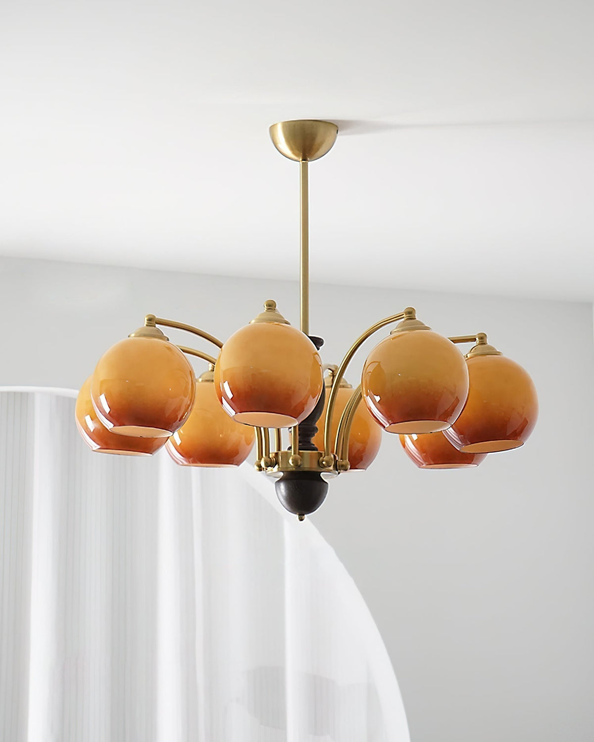Chandelier Glass Shades Metal Frame Wood Accents Mid-Century Calm-Neutral Decor