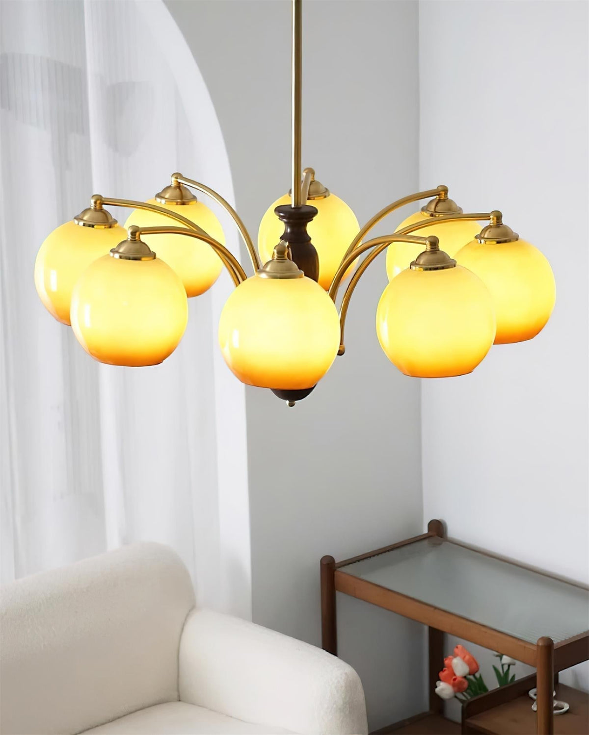 Chandelier Glass Shades Metal Frame Wood Accents Mid-Century Calm-Neutral Decor