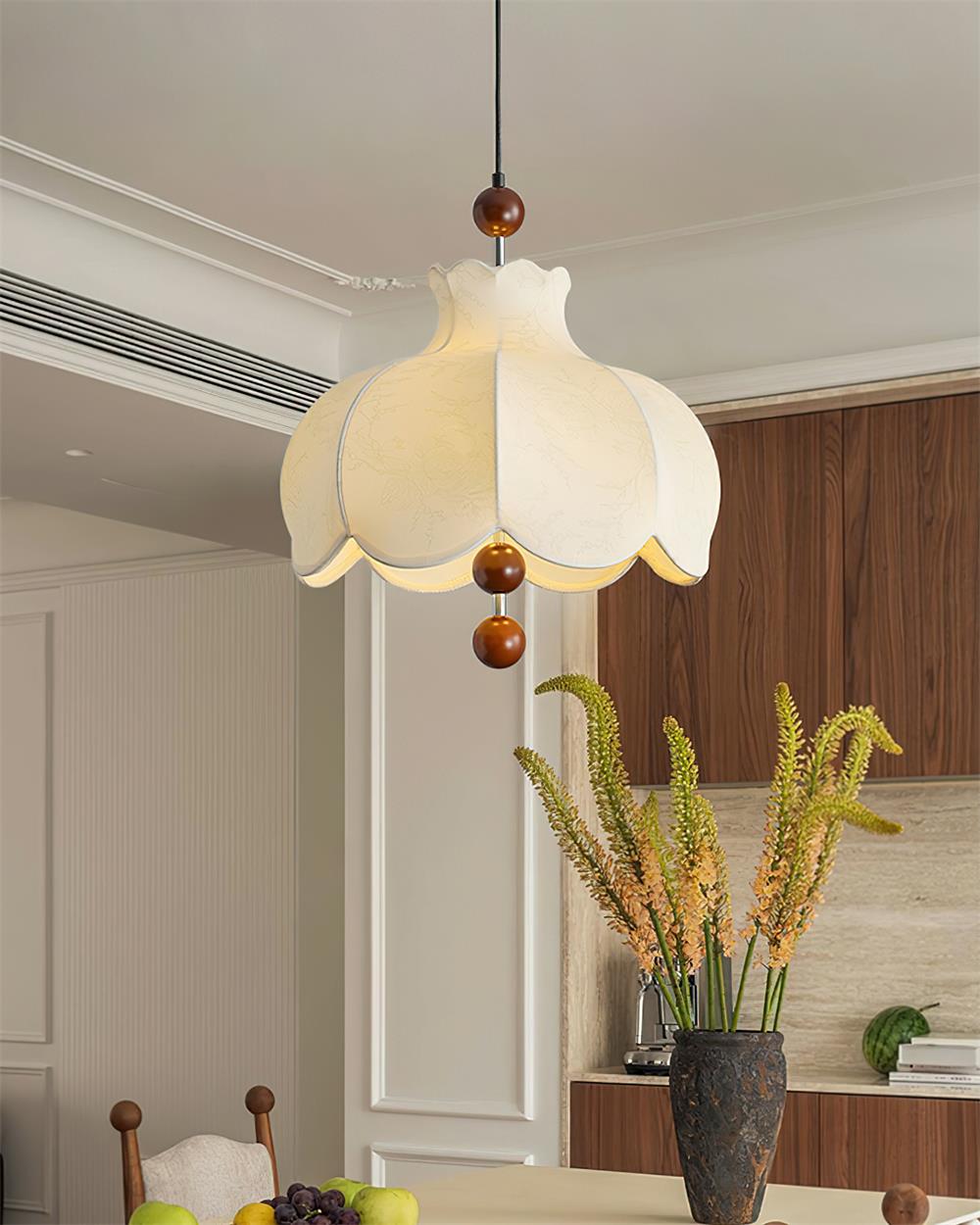 Pendant Lamp Fabric Shade Wood Accents Vintage for Living Room-Neutral Decor