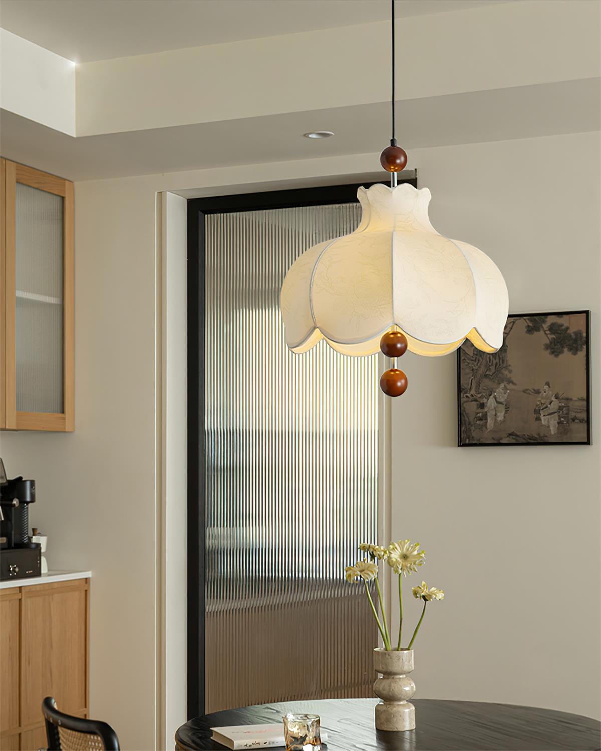 Pendant Lamp Fabric Shade Wood Accents Vintage for Living Room-Neutral Decor