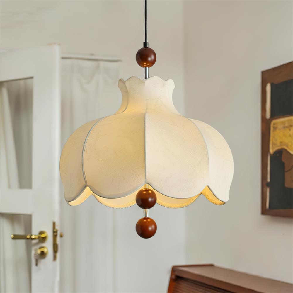 Pendant Lamp Fabric Shade Wood Accents Vintage for Living Room-Neutral Decor