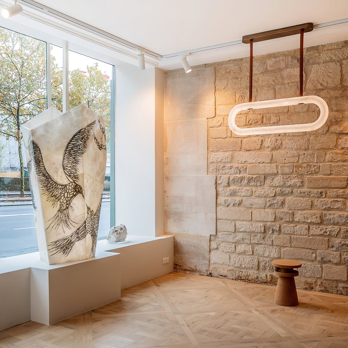 Kurve Chandelier Alabaster Ring Artificial leather-Neutral Decor