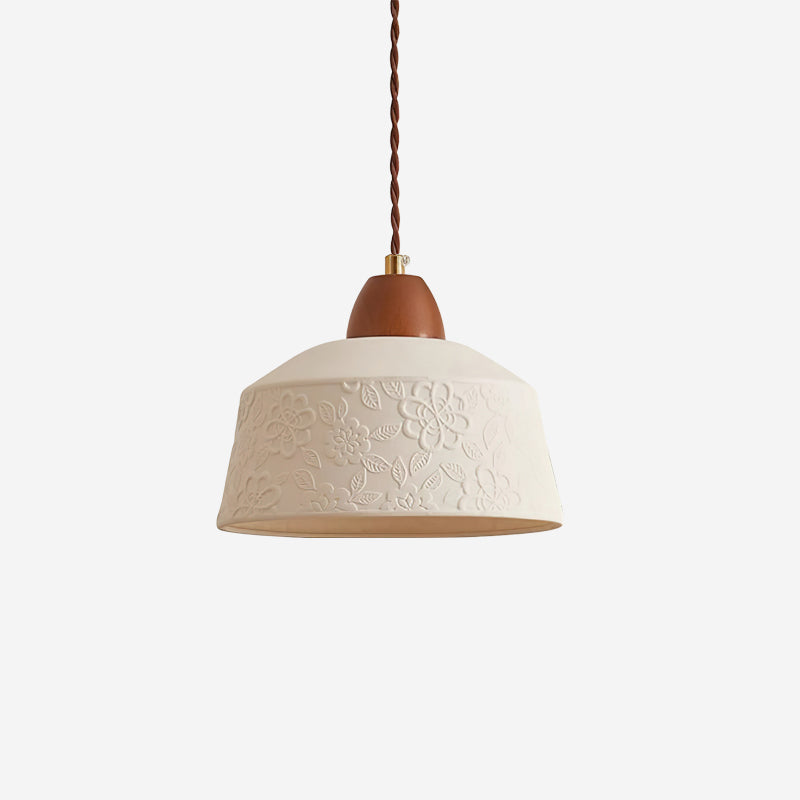 Pendant Lamp Textured Ceramic Drum Walnut Wood Retro-Neutral Decor