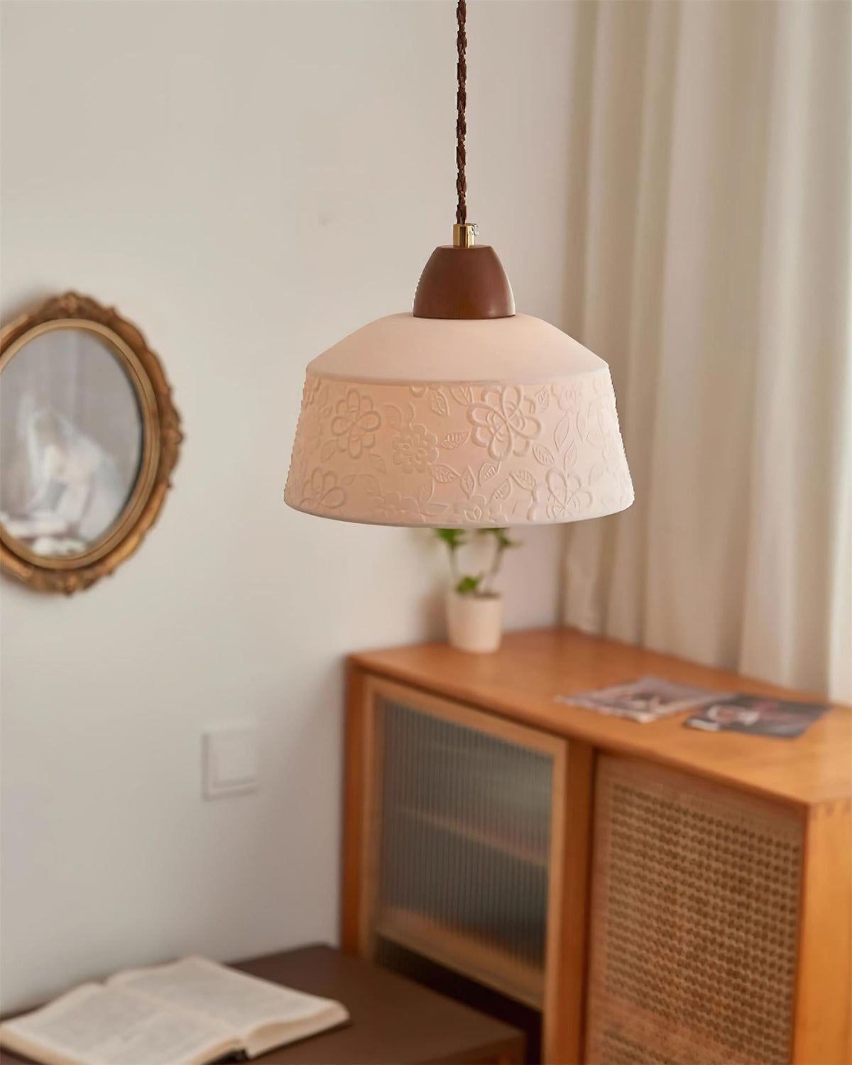 Pendant Lamp Textured Ceramic Drum Walnut Wood Retro-Neutral Decor