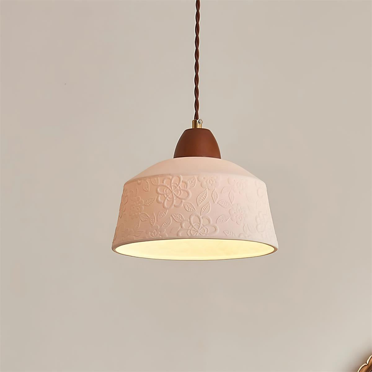 Pendant Lamp Textured Ceramic Drum Walnut Wood Retro-Neutral Decor