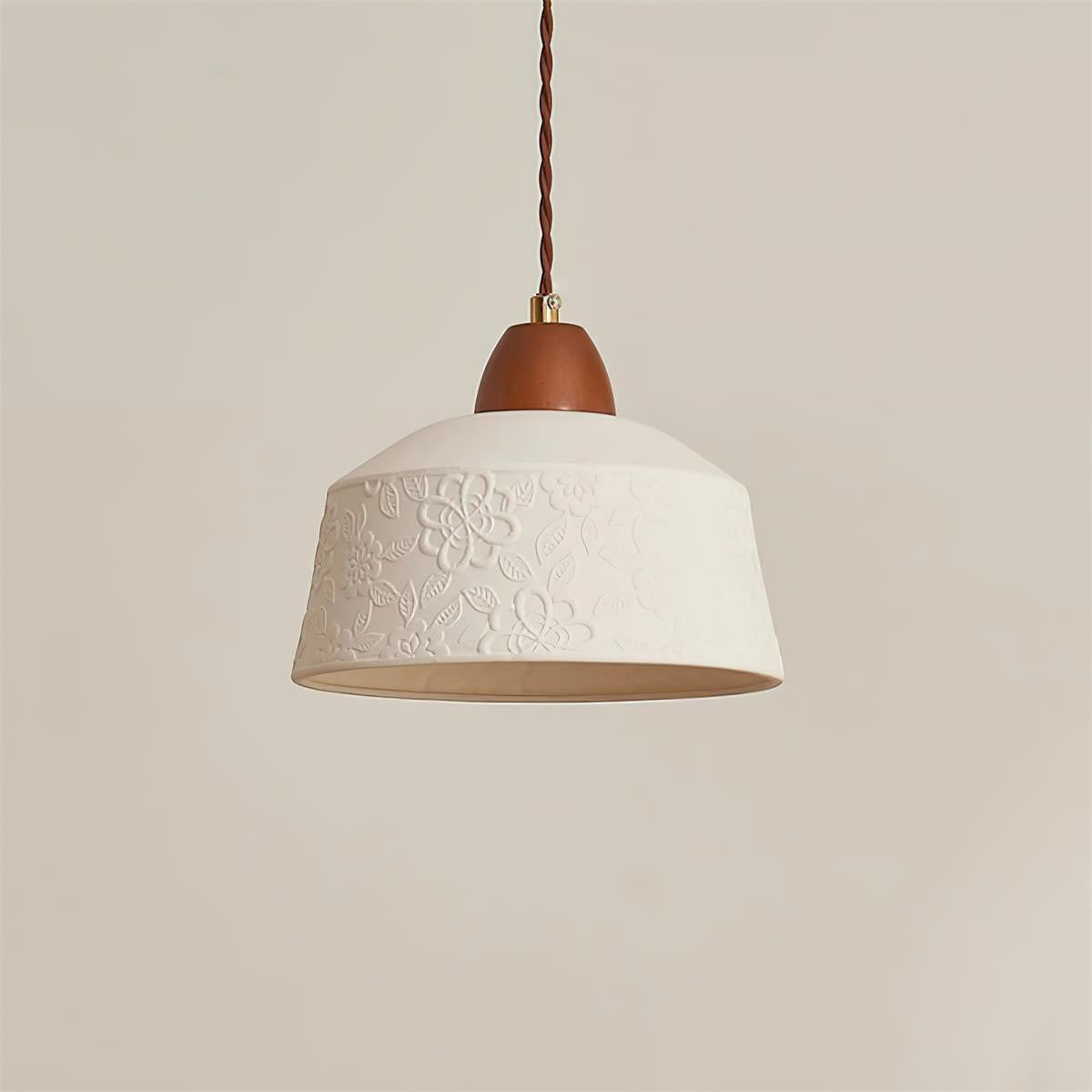 Pendant Lamp Textured Ceramic Drum Walnut Wood Retro-Neutral Decor