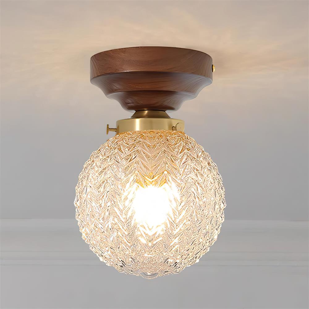 Ceiling Light Globe Shade Clear Glass Walnut Wood Canopy Brass-Neutral Decor