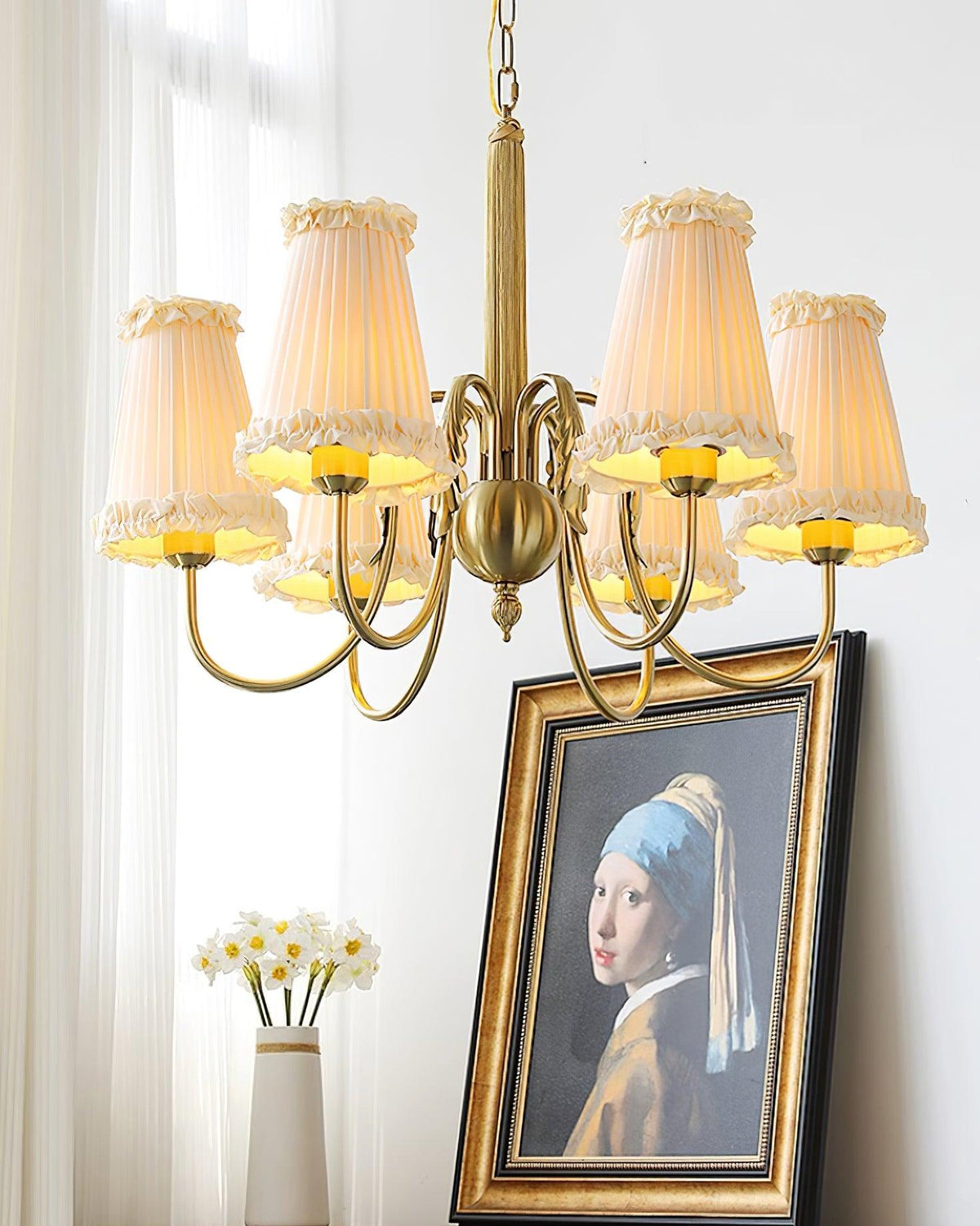 Faylin Vintage Brass Chandelier with Pleated Shades-Neutral Decor