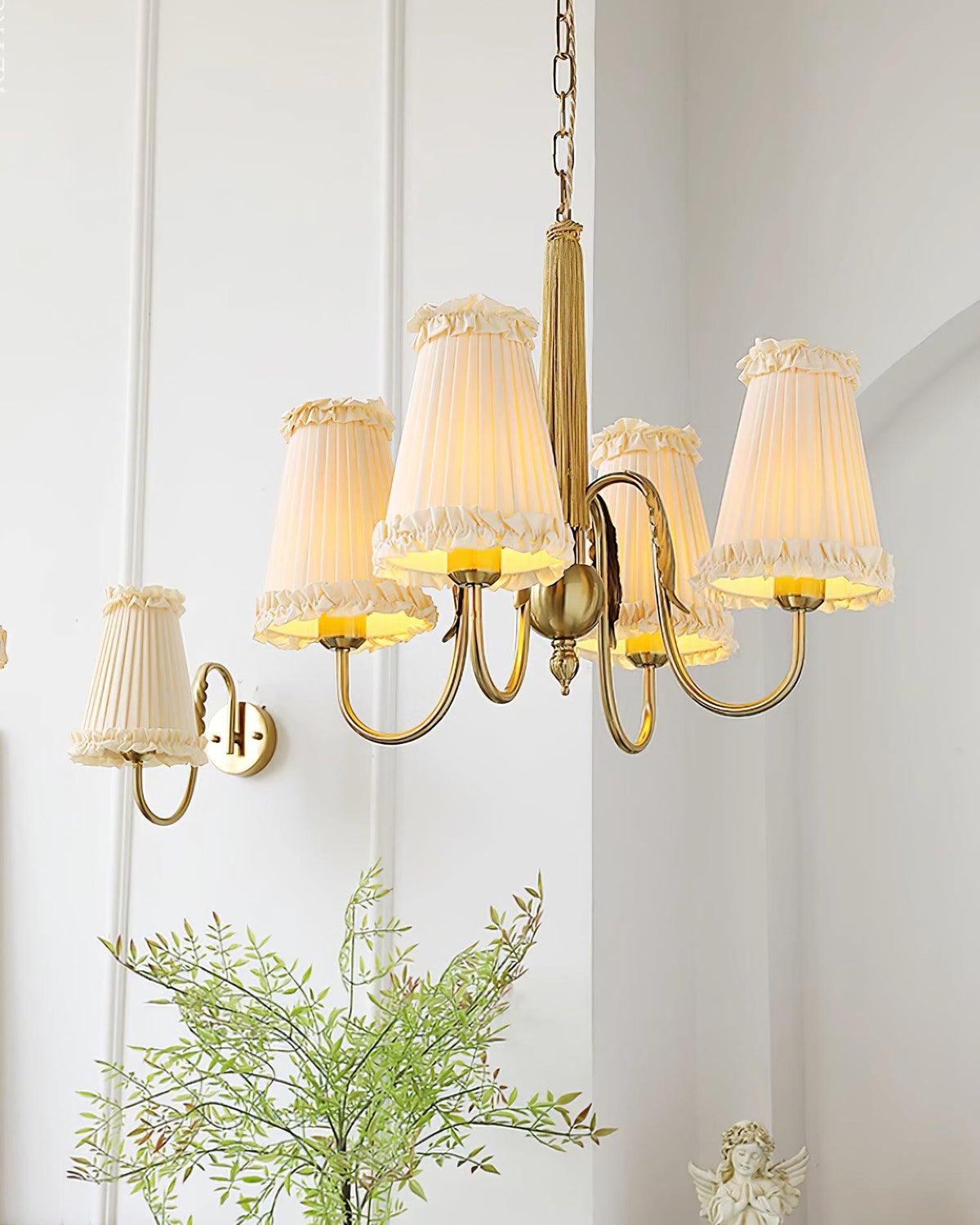 Faylin Vintage Brass Chandelier with Pleated Shades-Neutral Decor