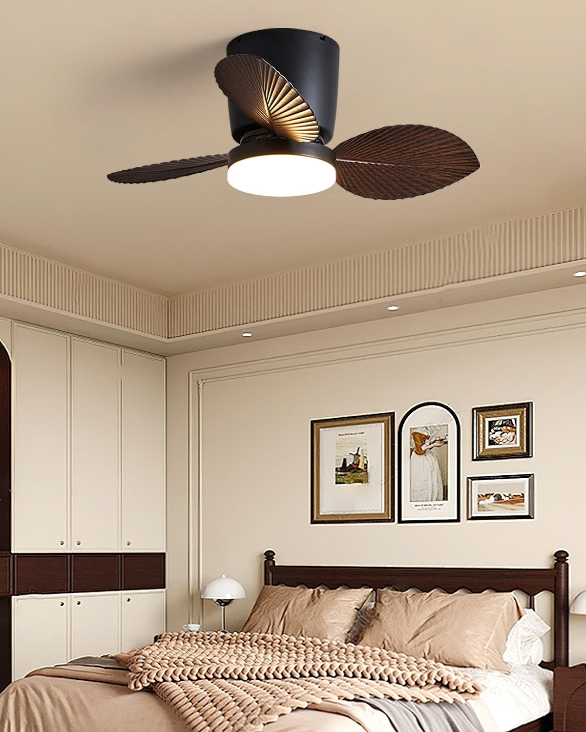 Side view of the white Melorie Ceiling Fan Light, highlighting its modern form.