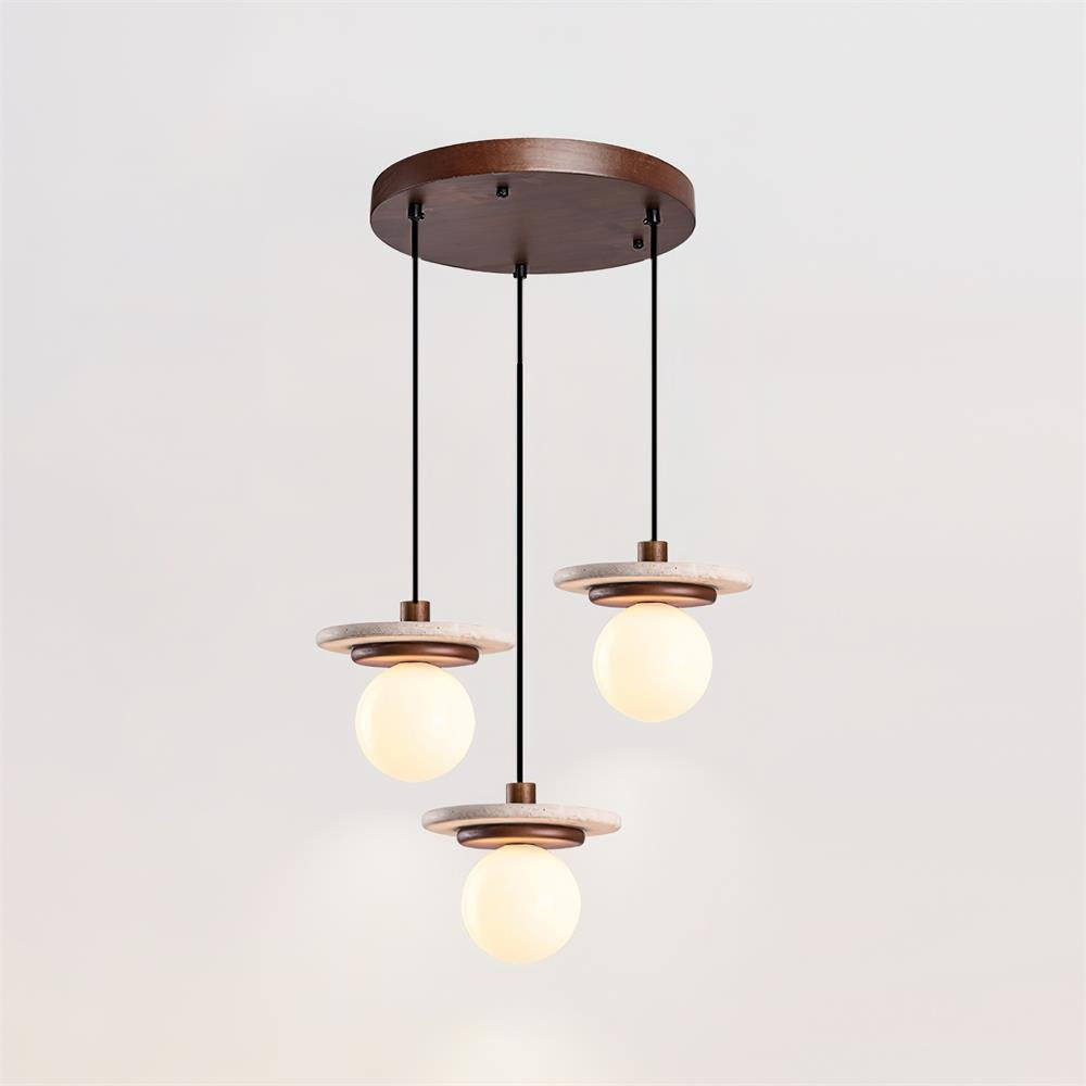Pendant Lamp Glass Globe Travertine Disc Walnut Wood Natural-Neutral Decor