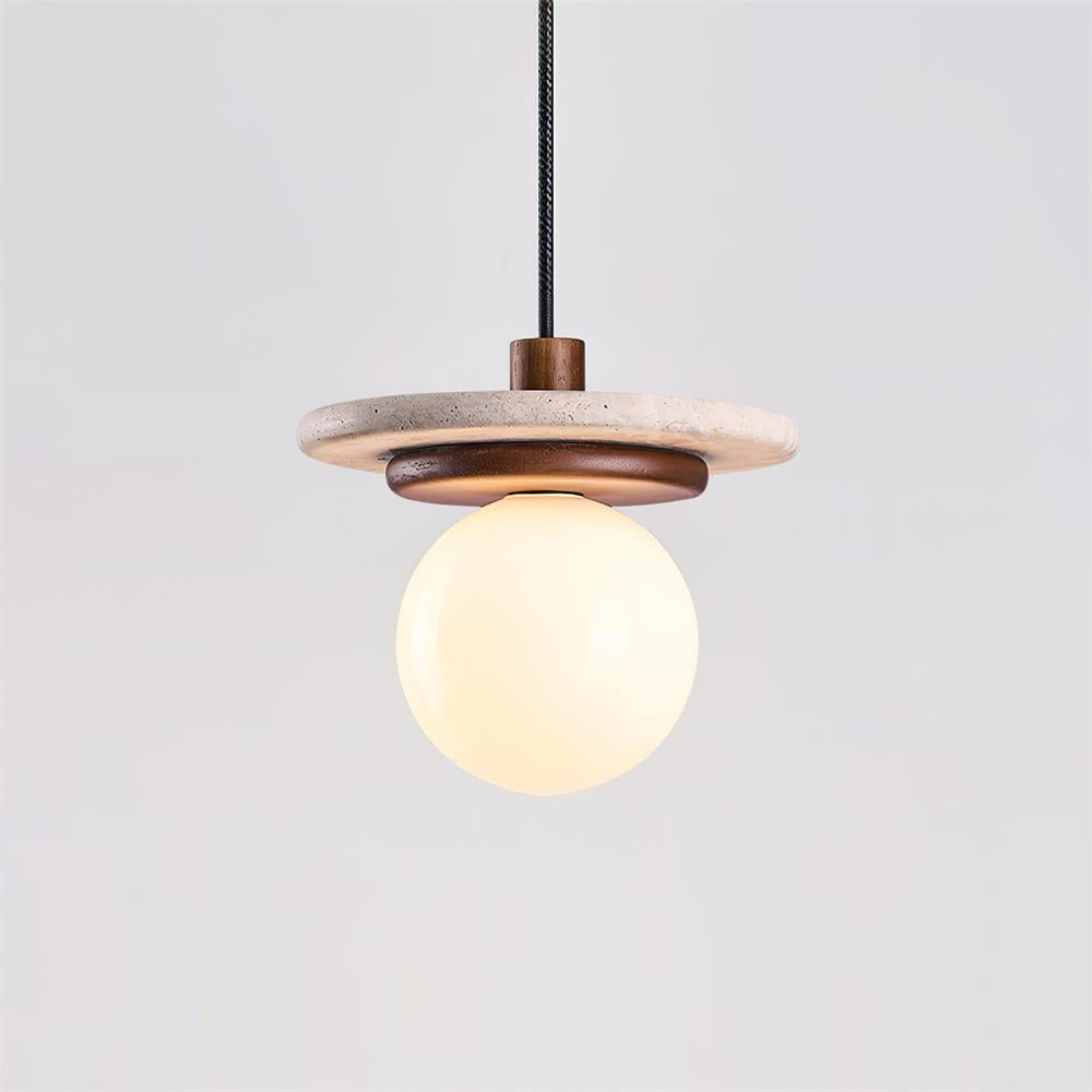 Pendant Lamp Glass Globe Travertine Disc Walnut Wood Natural-Neutral Decor