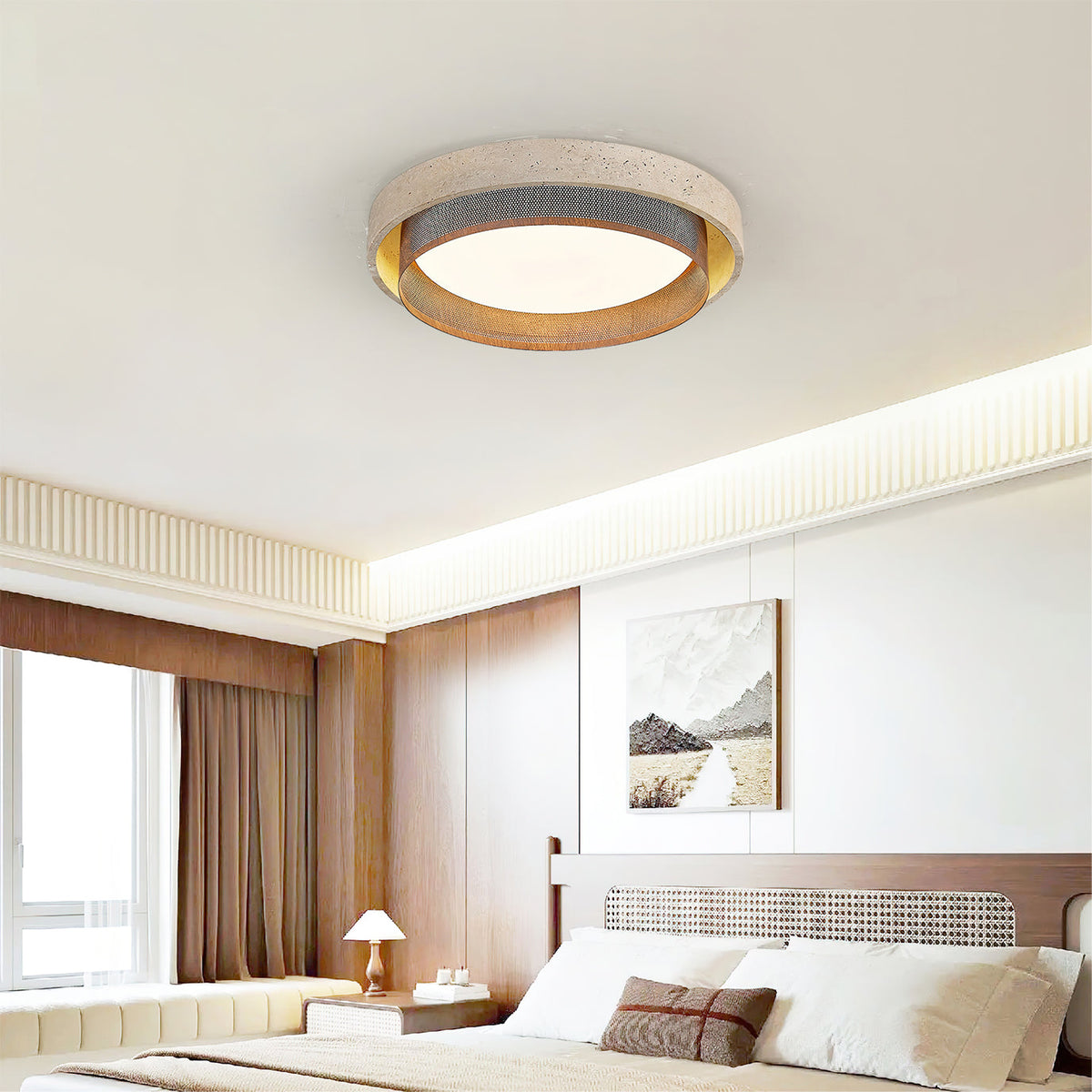 Close-up shot of the natural travertine stone texture on the Nolan ceiling light.