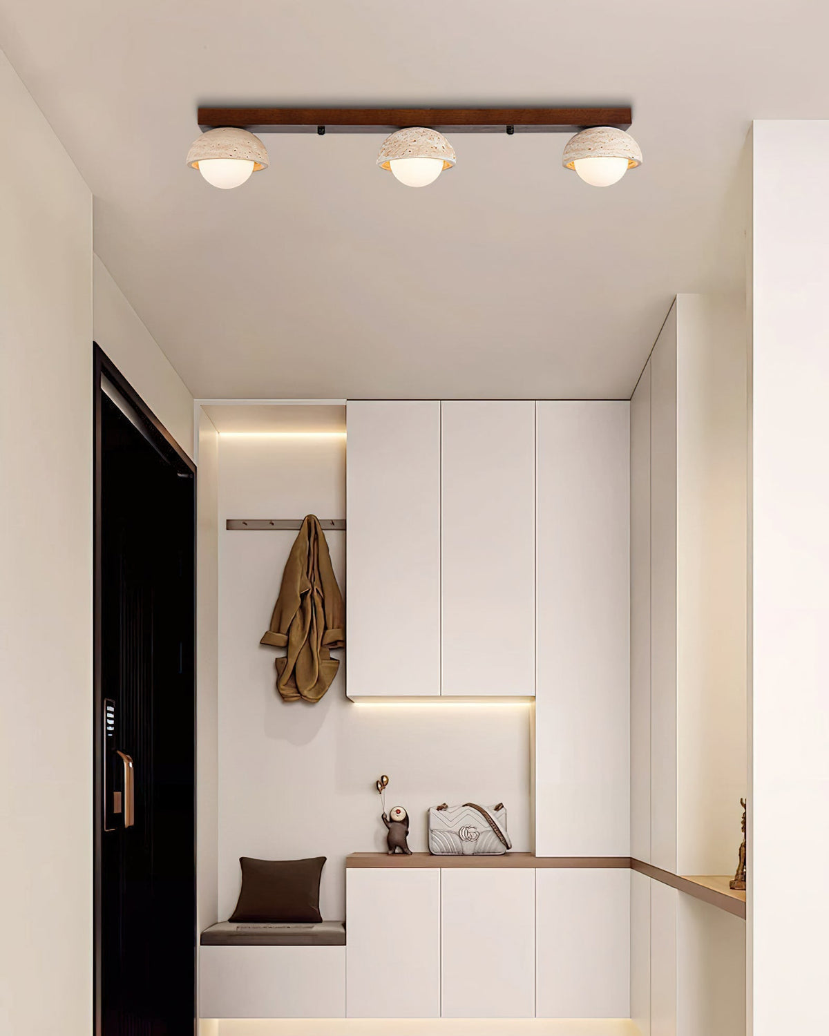 Detail shot of the natural texture of the travertine stone shade.