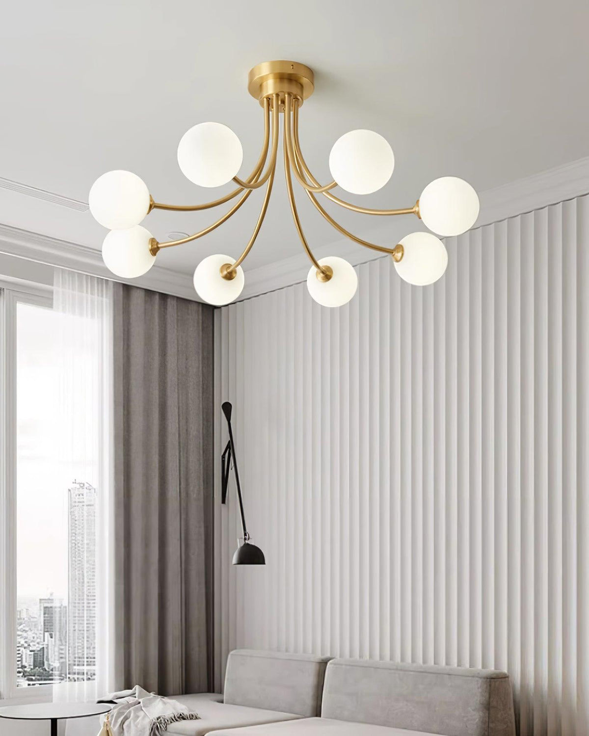 Ceiling Light Brass Branching Arms Opal Globe Shades Modern Elegant-Neutral Decor