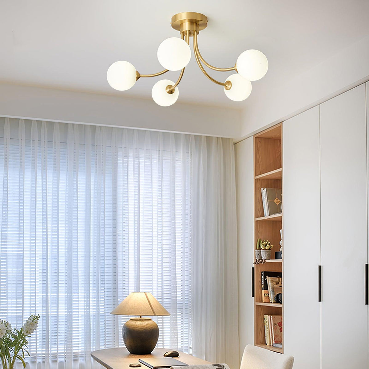 Ceiling Light Brass Branching Arms Opal Globe Shades Modern Elegant-Neutral Decor