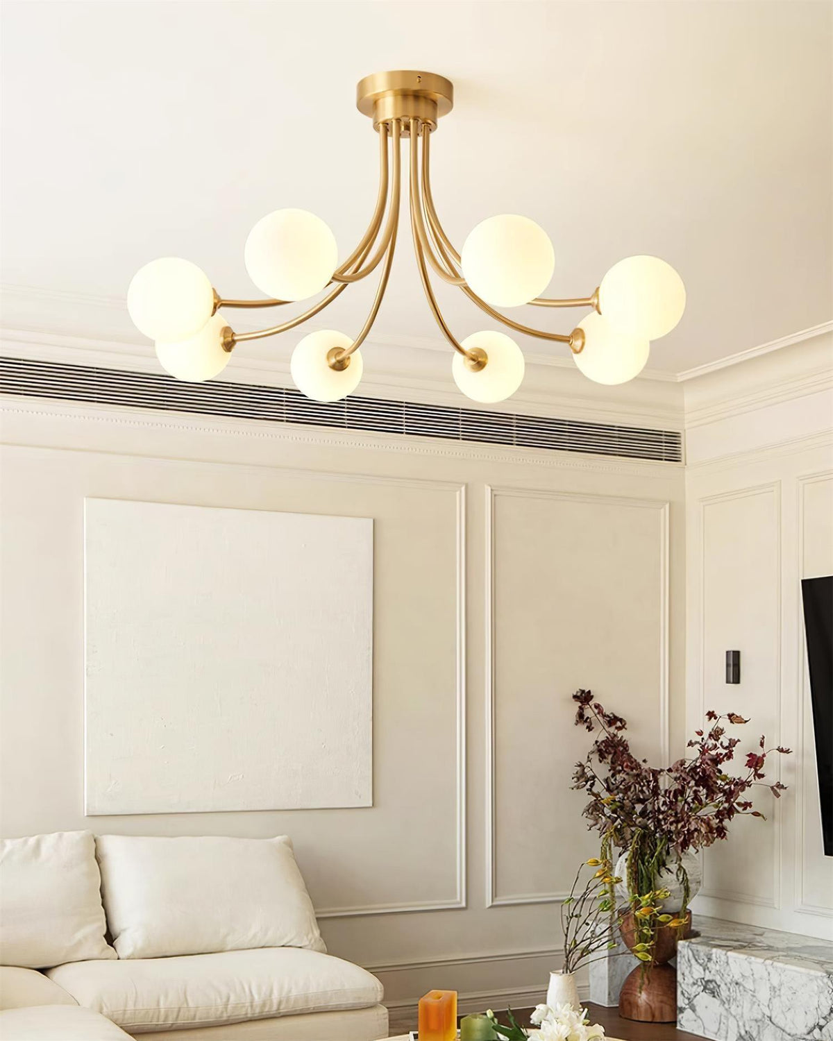 Ceiling Light Brass Branching Arms Opal Globe Shades Modern Elegant-Neutral Decor