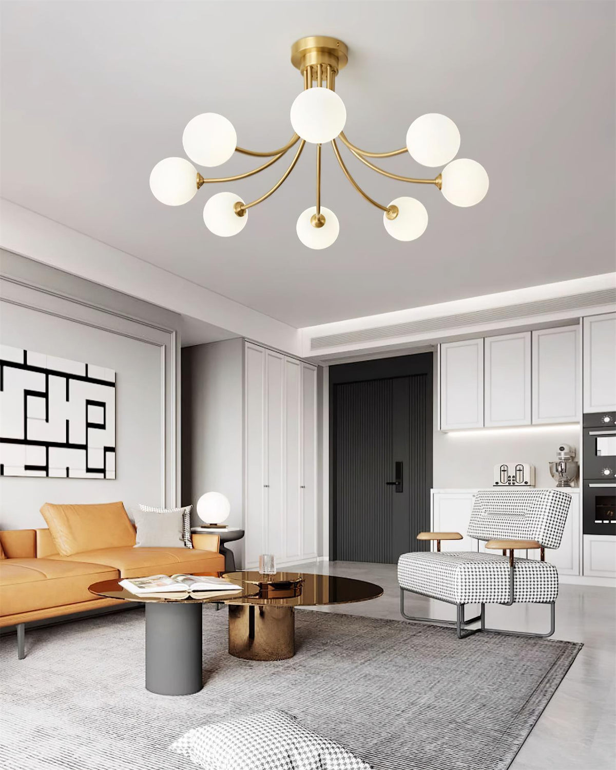 Ceiling Light Brass Branching Arms Opal Globe Shades Modern Elegant-Neutral Decor