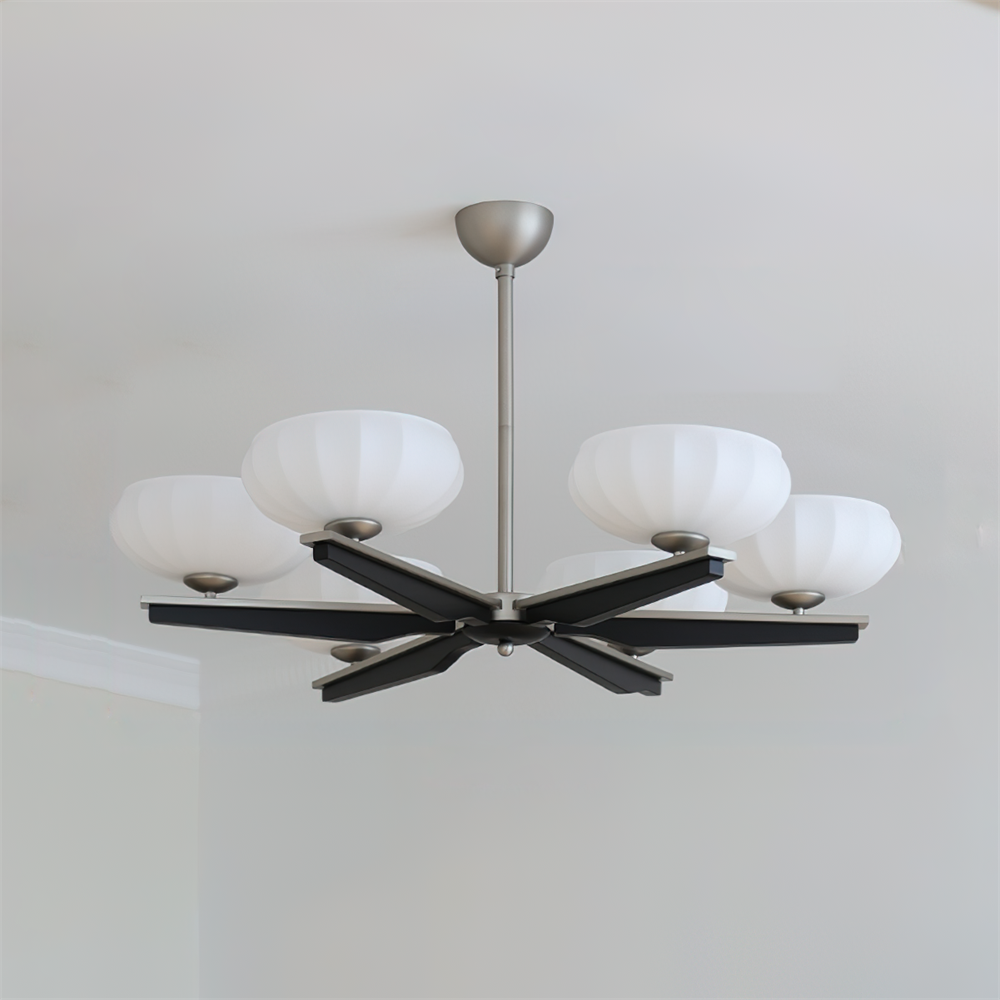 Chandelier Walnut Wood Arms and Opal Glass Shades Midcentury-Neutral Decor
