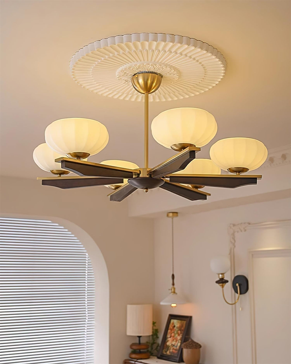 Chandelier Walnut Wood Arms and Opal Glass Shades Midcentury-Neutral Decor