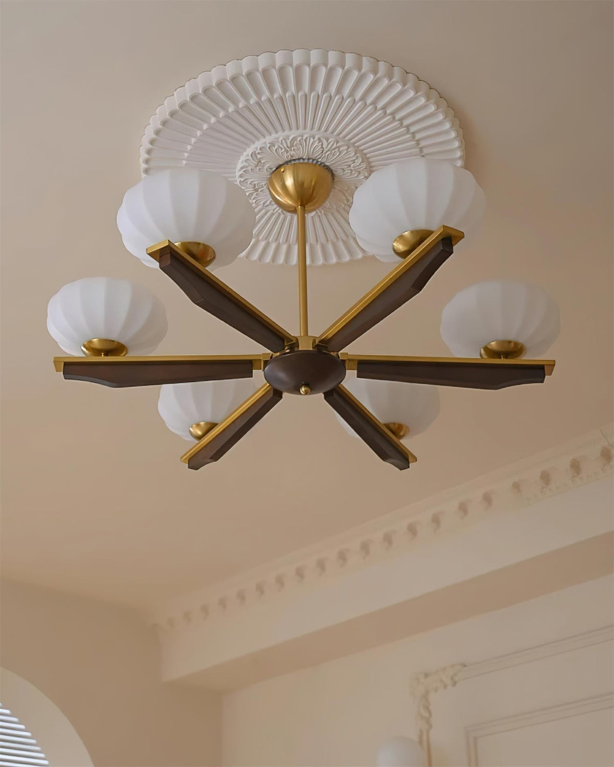 Chandelier Walnut Wood Arms and Opal Glass Shades Midcentury-Neutral Decor