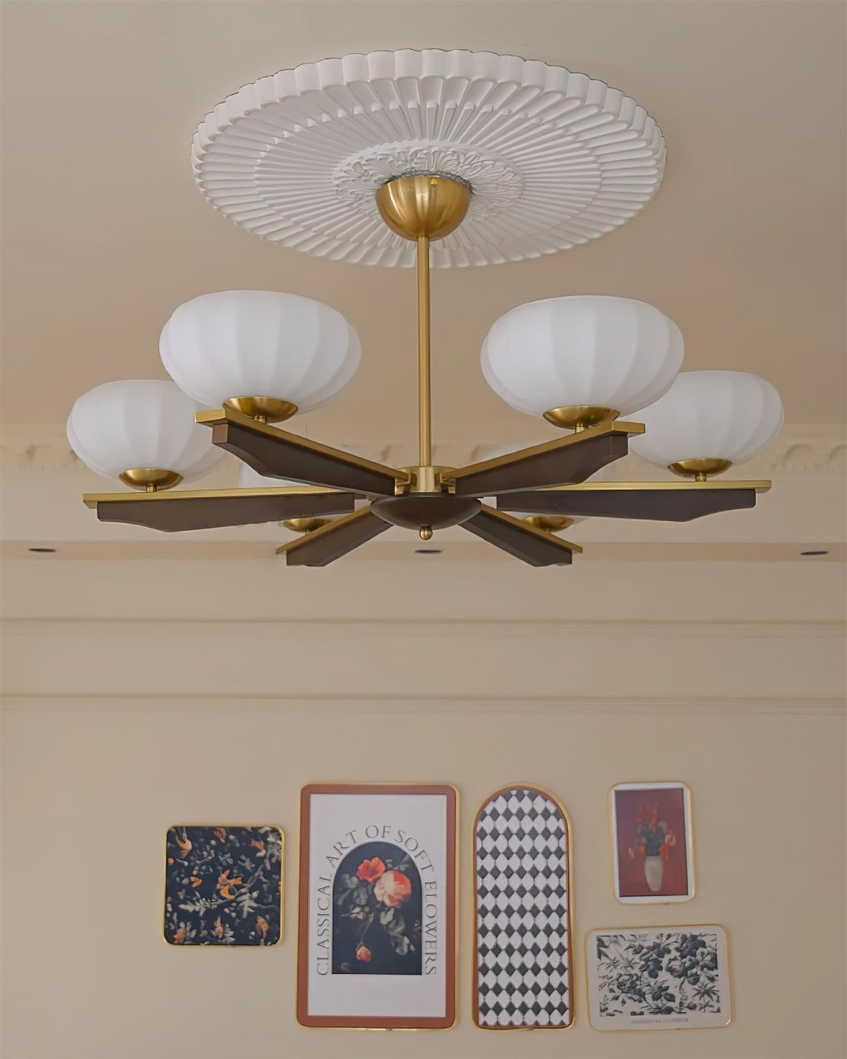 Chandelier Walnut Wood Arms and Opal Glass Shades Midcentury-Neutral Decor