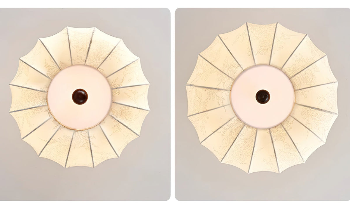 Ceiling Light Scalloped Fabric Shade Walnut Wood Canopy Vintage-Neutral Decor