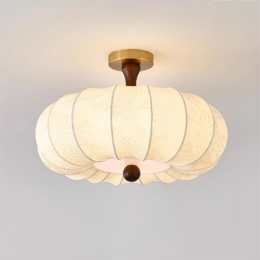 Ceiling Light Scalloped Fabric Shade Walnut Wood Canopy Vintage-Neutral Decor