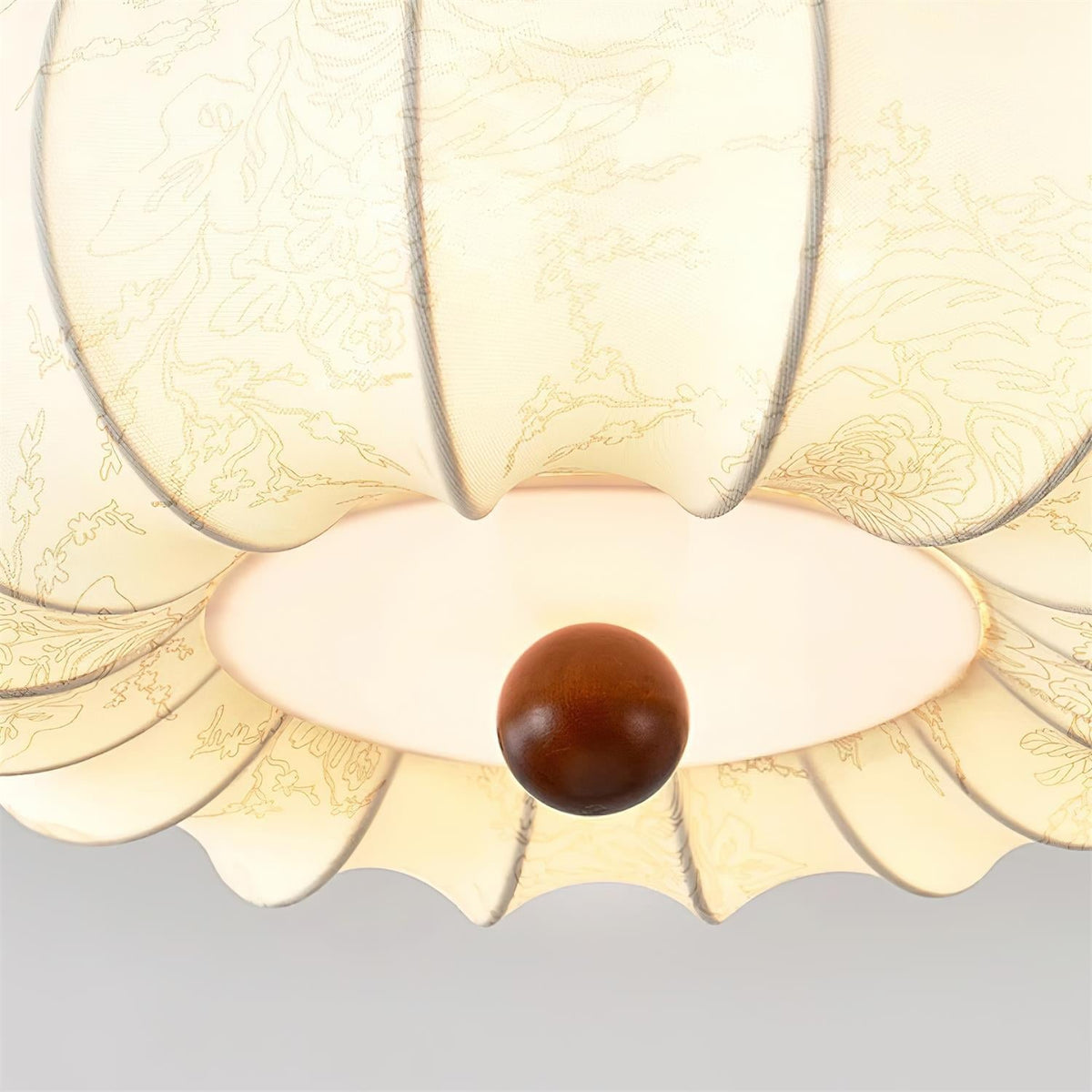 Ceiling Light Scalloped Fabric Shade Walnut Wood Canopy Vintage-Neutral Decor