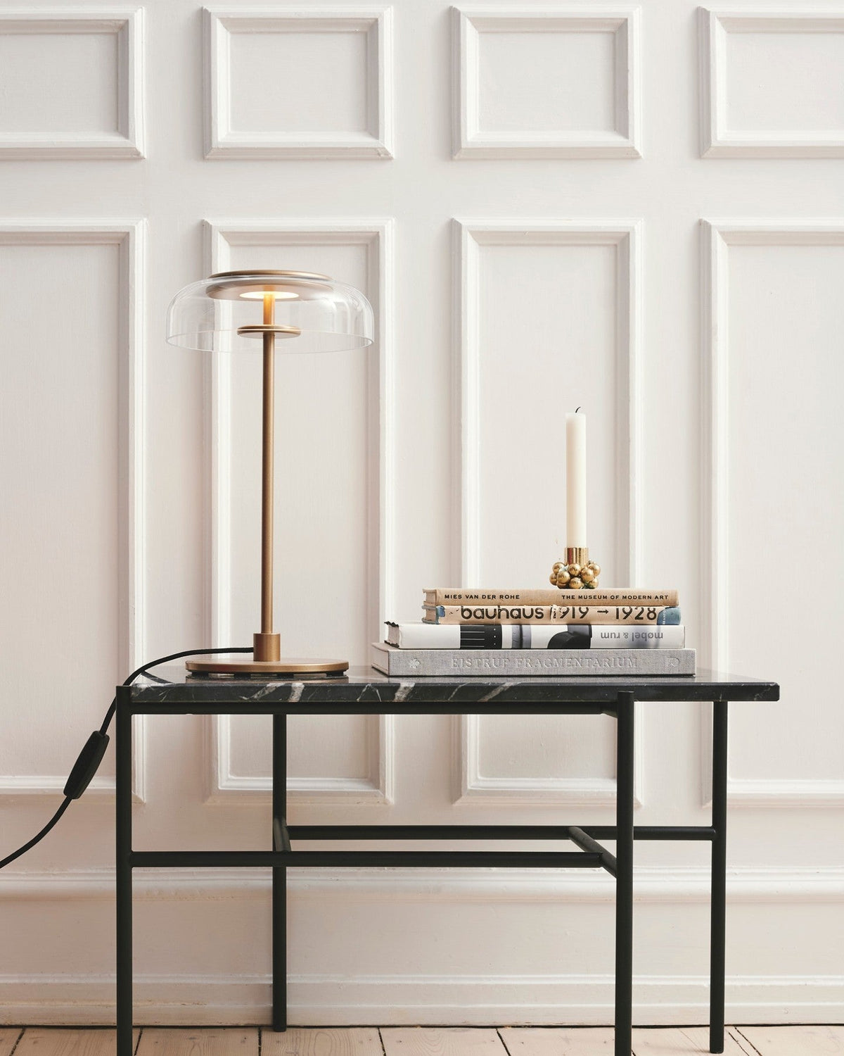 Rinelette Lampe de Table Verre Clair Ombrelle Bois Base