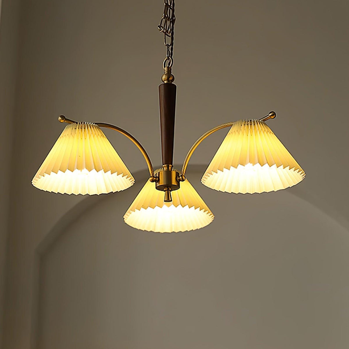 Chandelier Pleated Fabric Shades Walnut Brass Arms Warm Retro-Neutral Decor
