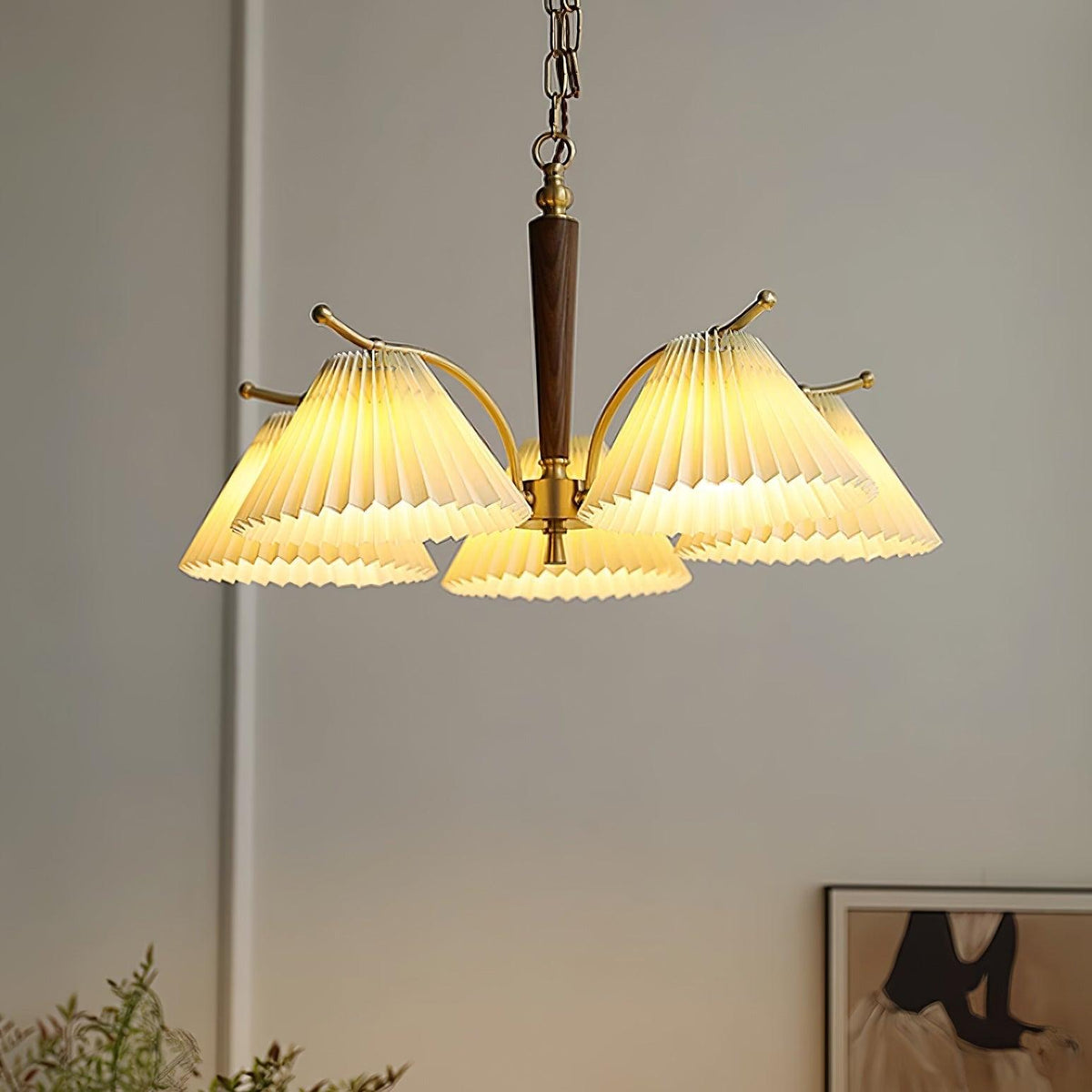Chandelier Pleated Fabric Shades Walnut Brass Arms Warm Retro-Neutral Decor