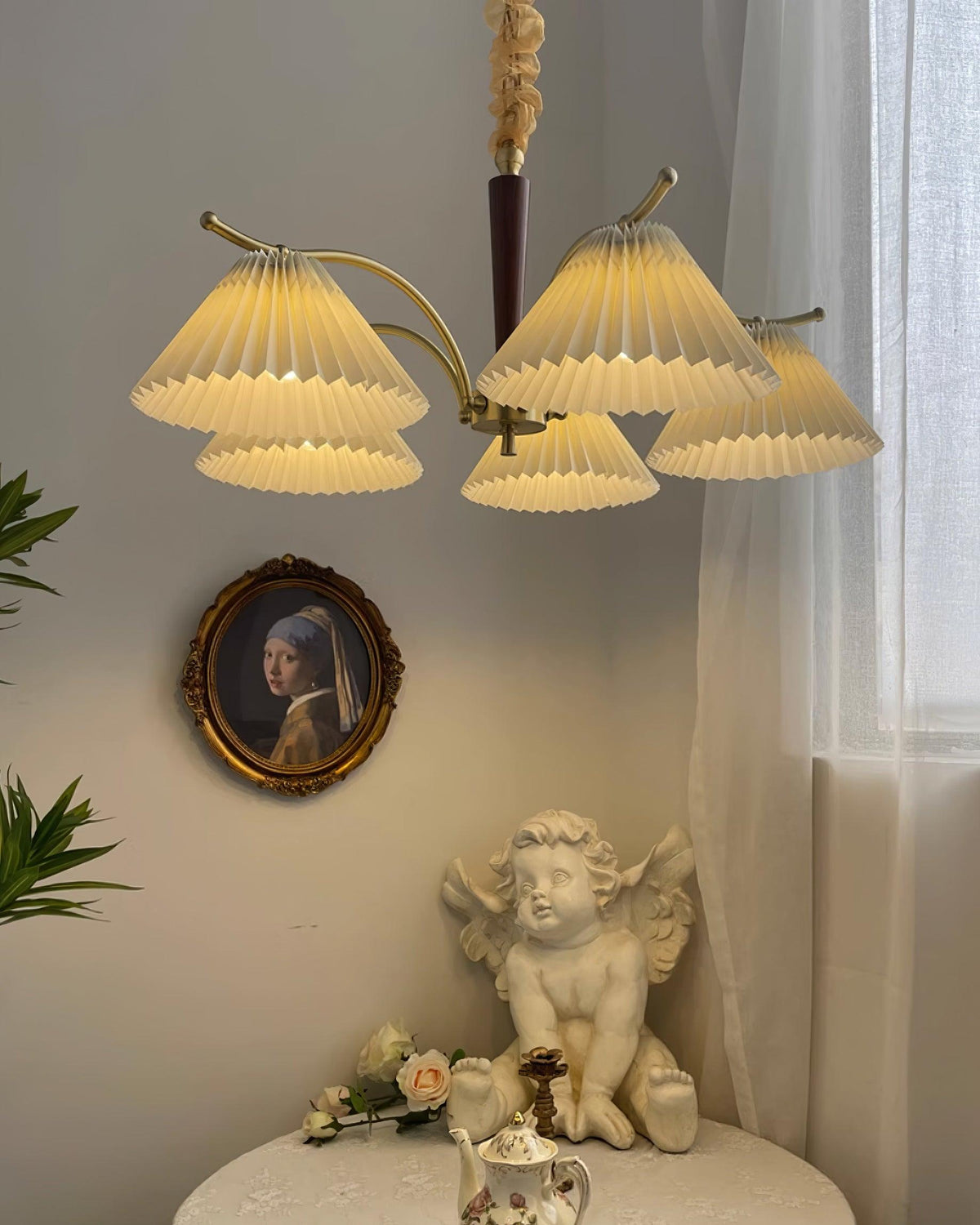 Chandelier Pleated Fabric Shades Walnut Brass Arms Warm Retro-Neutral Decor