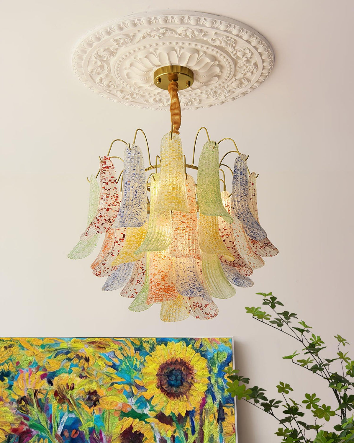 Chandelier Glass Petals Metal Frame Colorful Artistic Ambience-Neutral Decor