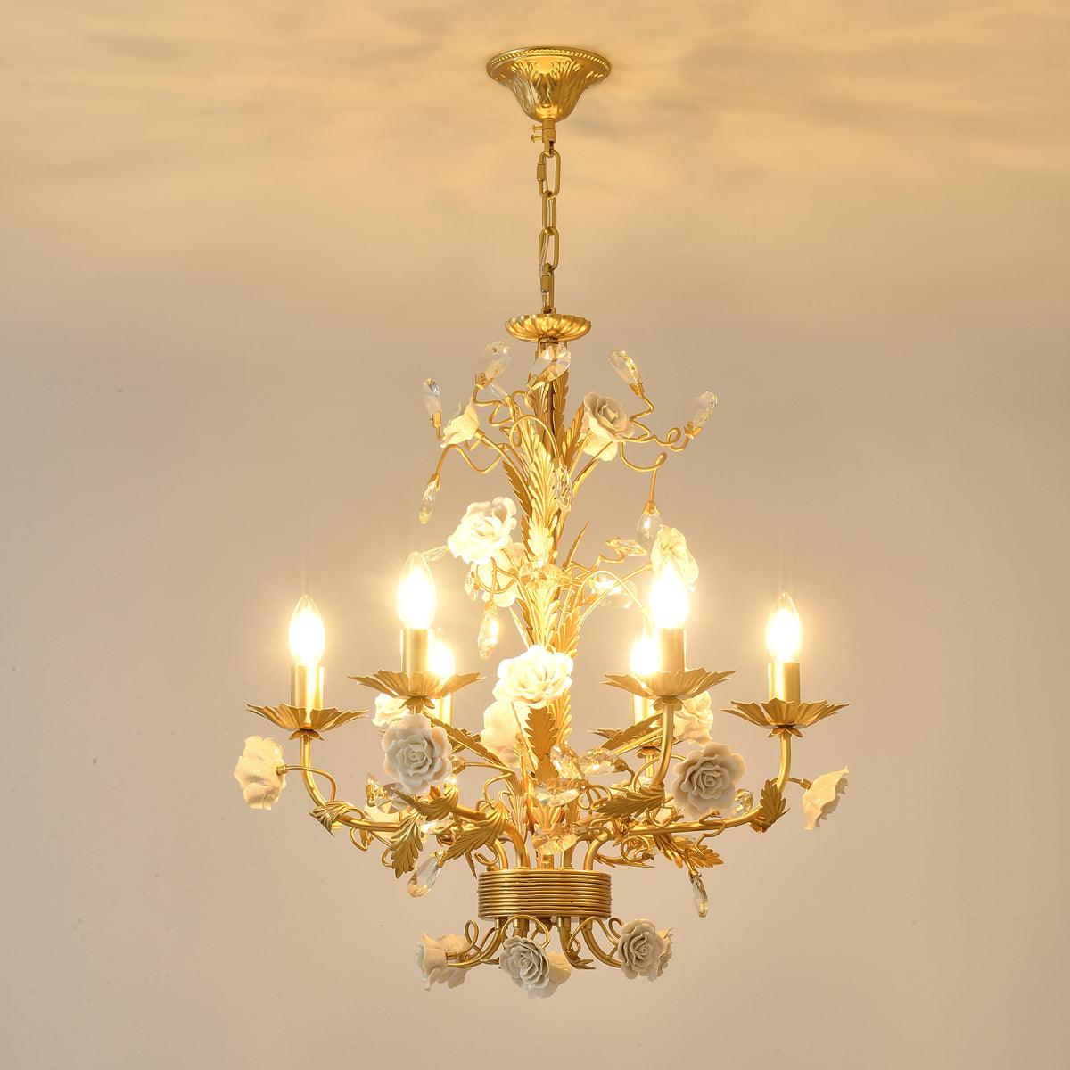 Chandelier Ornate Metal Frame Porcelain Roses Crystal Classic Luxury-Neutral Decor