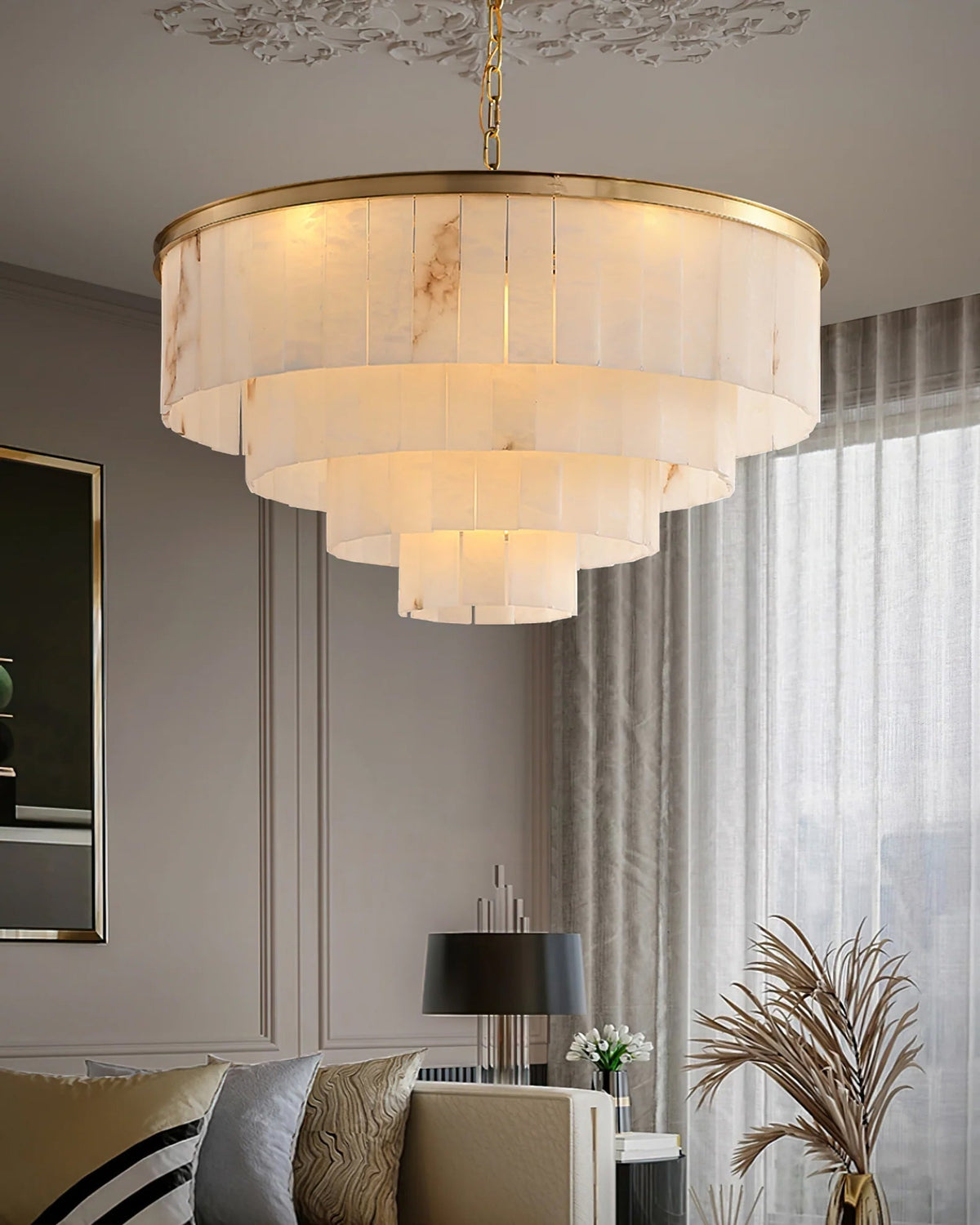 Windham Alabaster Chandelier Layered Halo-Neutral Decor