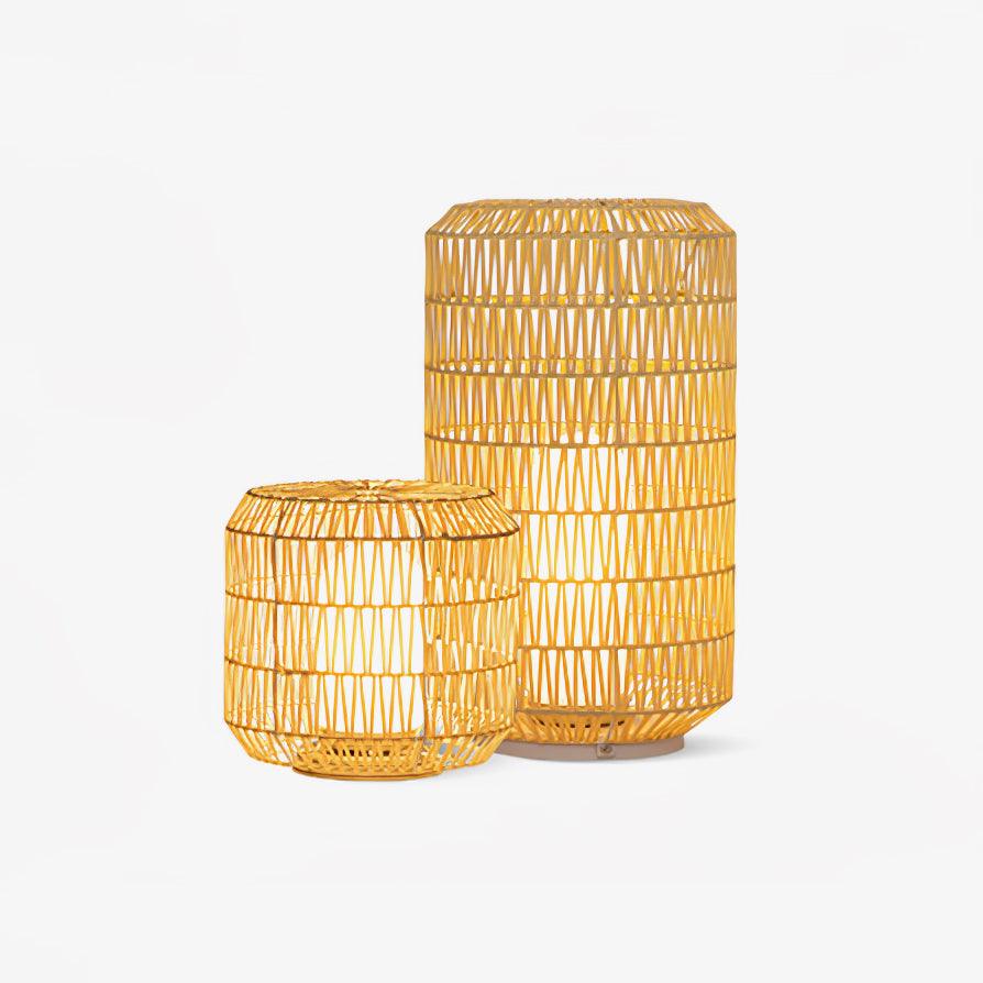 Woven rattan lamp styled on a modern outdoor deck.