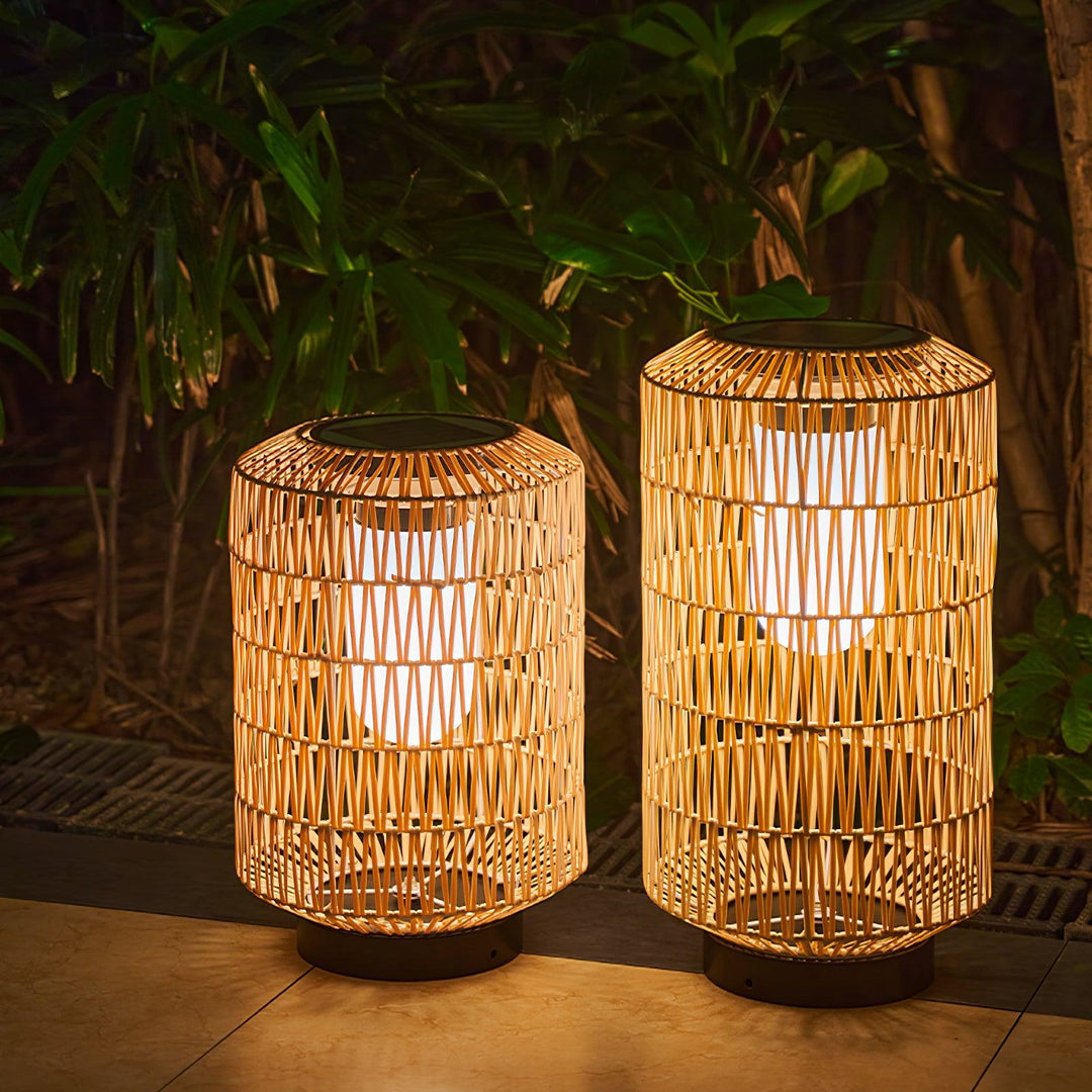 Angled view of the bohemian-style rattan outdoor lamp.