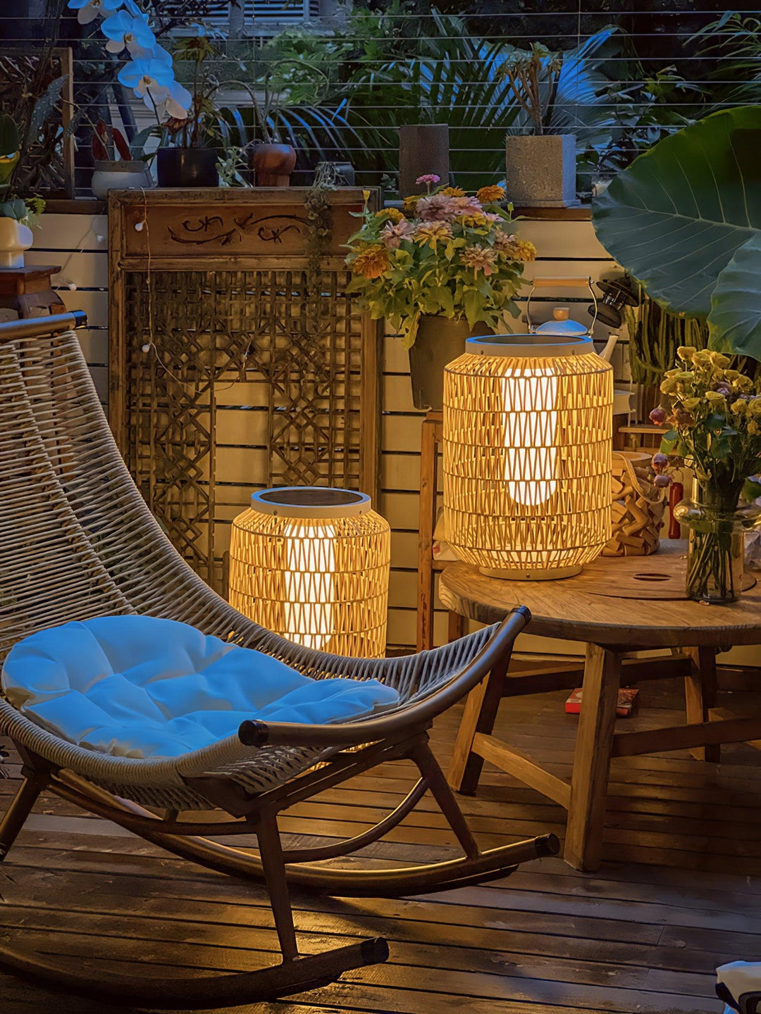 Close-up of the handwoven texture of the rattan lamp.