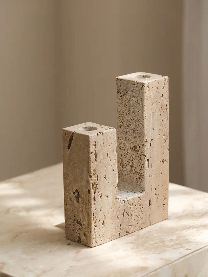 Horze Support de Bougie Moderne en Travertin Jaune